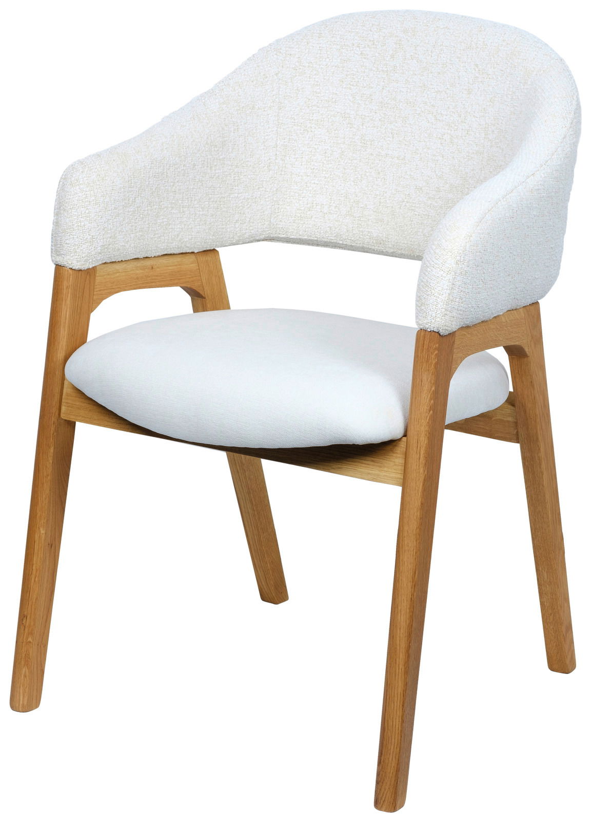 Moderner Armlehnstuhl mit weißem Polster und Holzbeinen, seitliche Perspektive