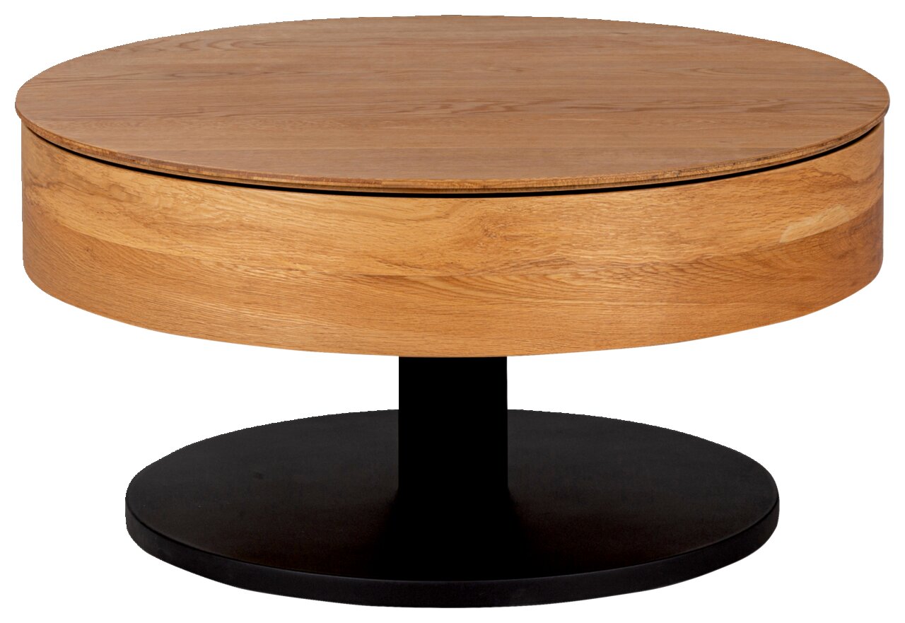 Runder Couchtisch aus Holz mit schwarzem Metallfuß, seitliche Perspektive