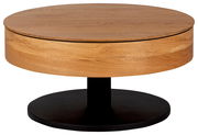 Runder Couchtisch aus Holz mit schwarzem Metallfuß, seitliche Perspektive