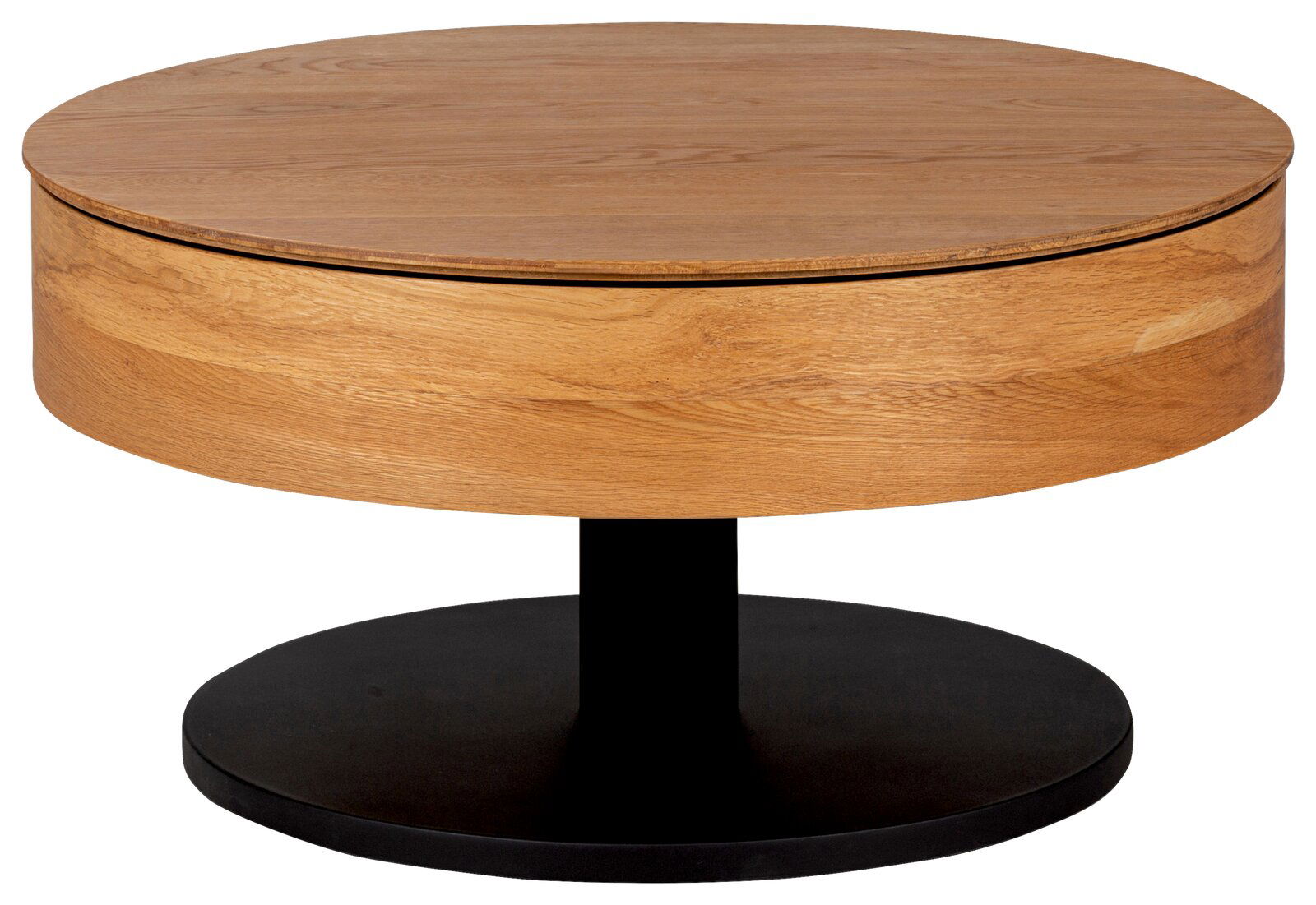 Runder Couchtisch aus Holz mit schwarzem Metallfuß, seitliche Perspektive
