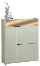 Moderner Schuhschrank in hellem Grün mit Holzlamellen-Design, dekoriert mit Vasen, Frontalansicht