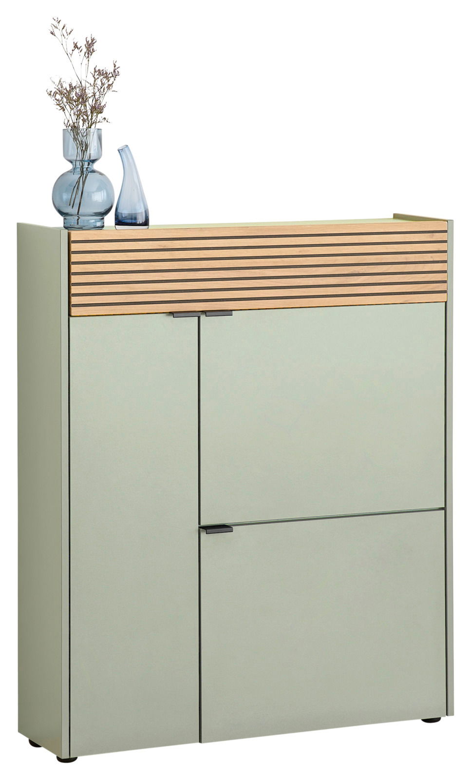 Voleo Schuhschrank RIO Moderner Schuhschrank in hellem Grün mit Holzlamellen-Design, dekoriert mit Vasen, Frontalansicht