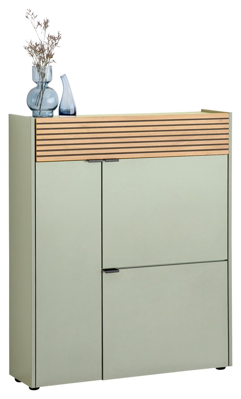 Moderner Schuhschrank in hellem Grün mit Holzlamellen-Design, dekoriert mit Vasen, Frontalansicht