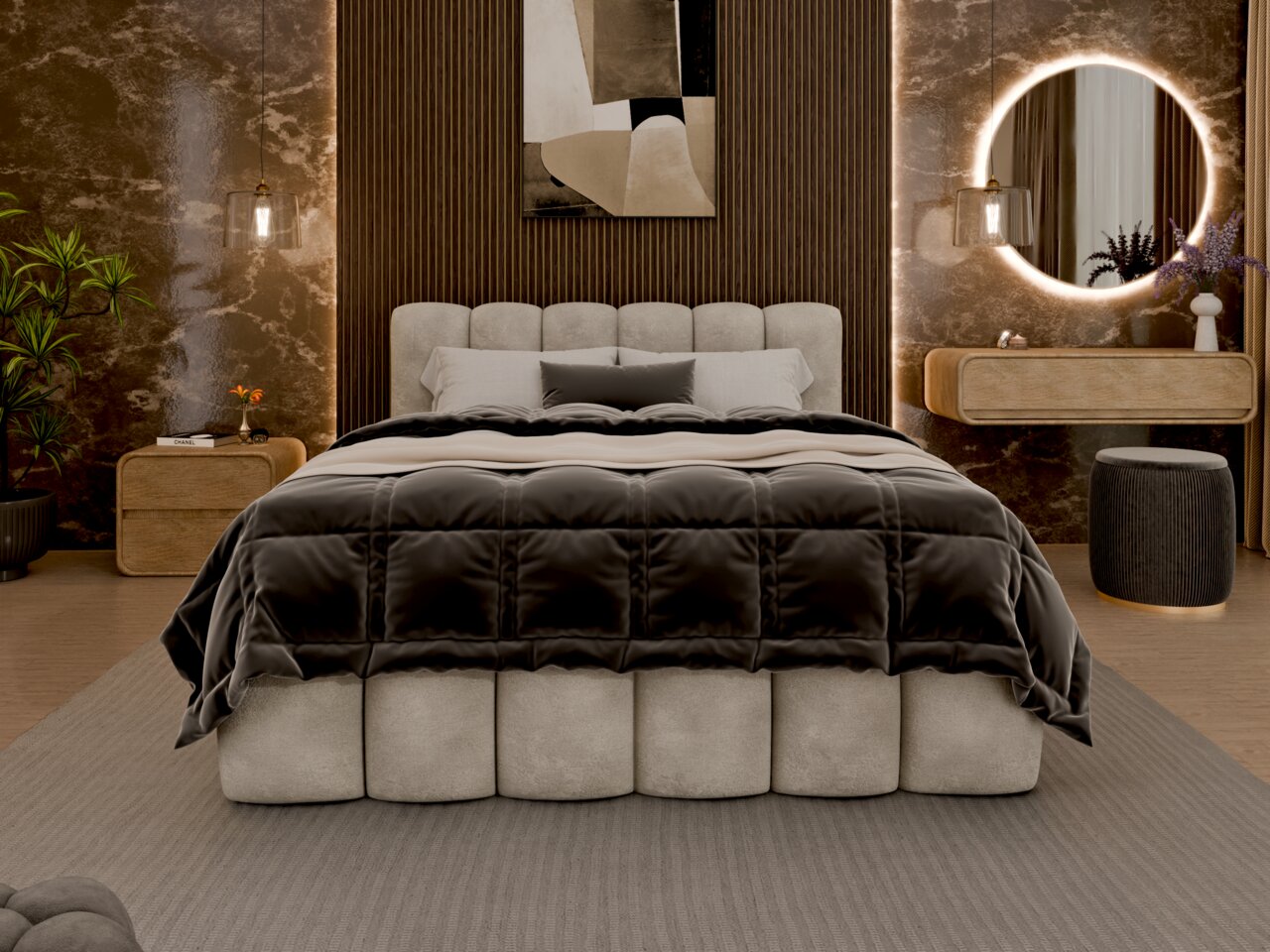 Luxuriöses Polsterbettgestell in einem stilvoll eingerichteten Schlafzimmer, frontal betrachtet. Das Bett hat ein gepolstertes Kopfteil und ist mit einer eleganten, dunklen Bettdecke bedeckt. Im Hintergrund sind moderne Nachttische, eine runde beleuchtete