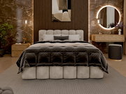 Luxuriöses Polsterbettgestell in einem stilvoll eingerichteten Schlafzimmer, frontal betrachtet. Das Bett hat ein gepolstertes Kopfteil und ist mit einer eleganten, dunklen Bettdecke bedeckt. Im Hintergrund sind moderne Nachttische, eine runde beleuchtete