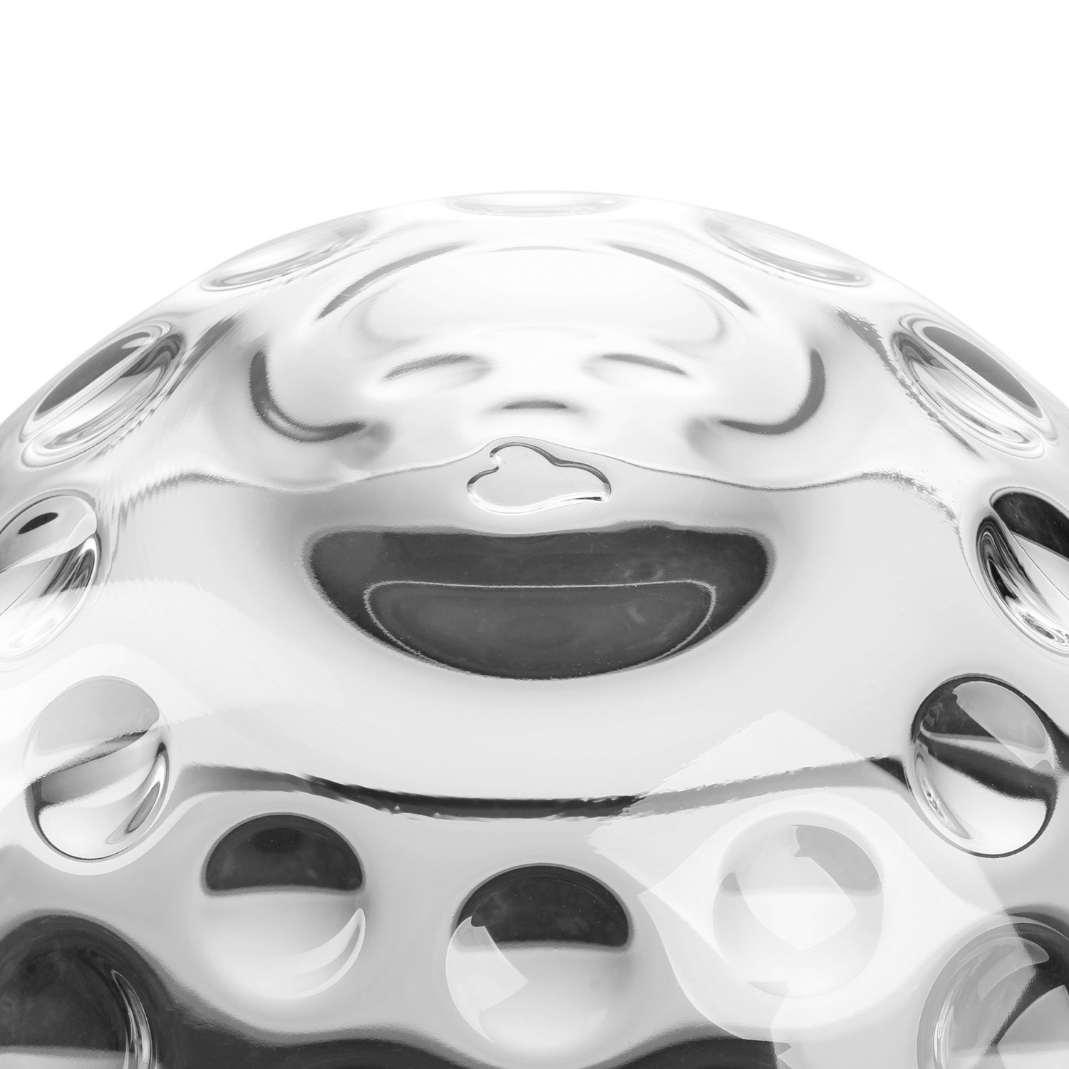 Nahaufnahme einer transparenten Schale mit optischem Muster und runden Vertiefungen, von oben betrachtet.