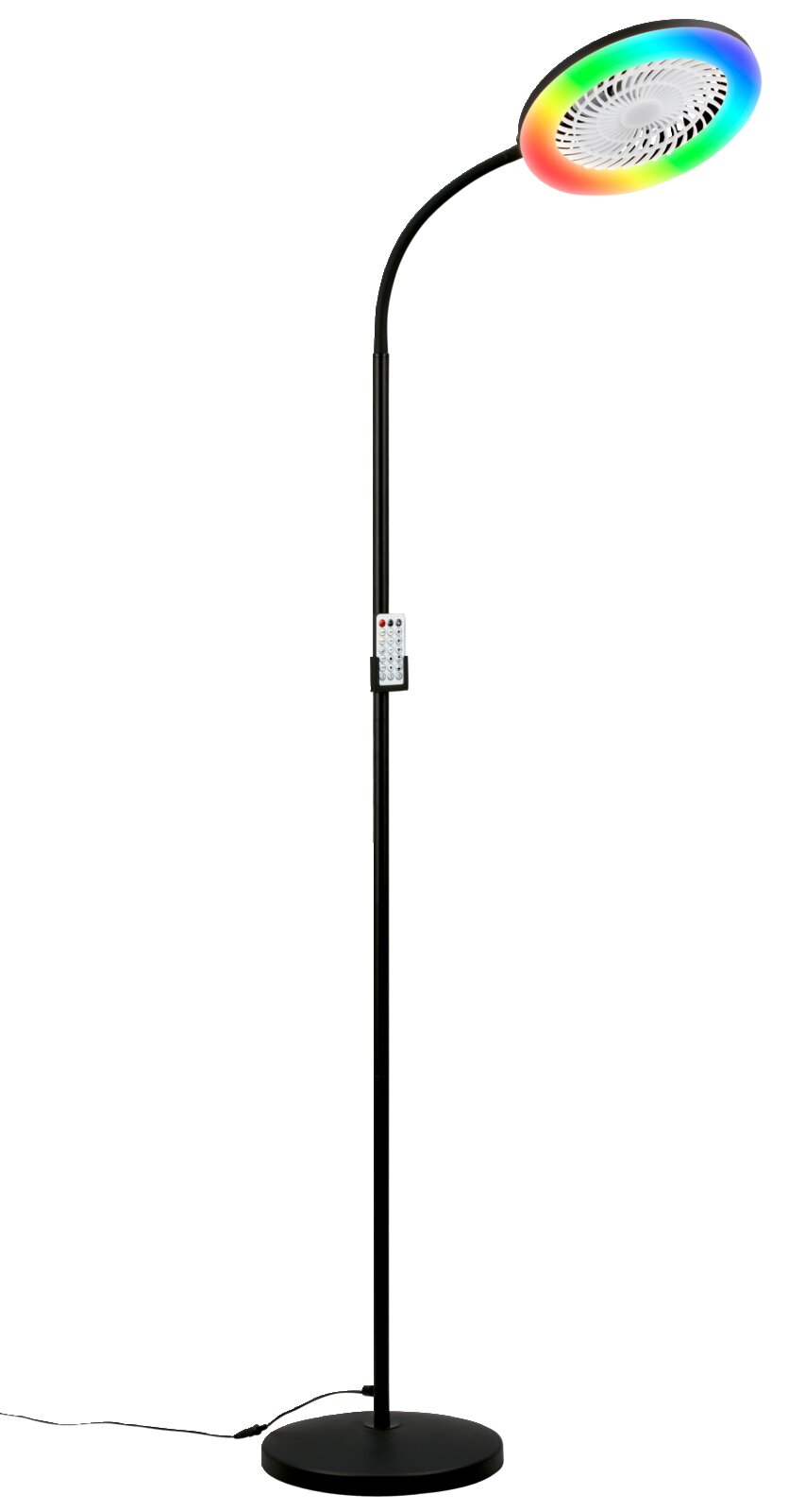 Schwarze Stehlampe mit gebogenem Arm und rundem LED-Leuchtring in Regenbogenfarben, integrierter Ventilator im Lampenkopf und Fernbedienung am Ständer, freigestellt auf weißem Hintergrund, frontale Produktansicht.