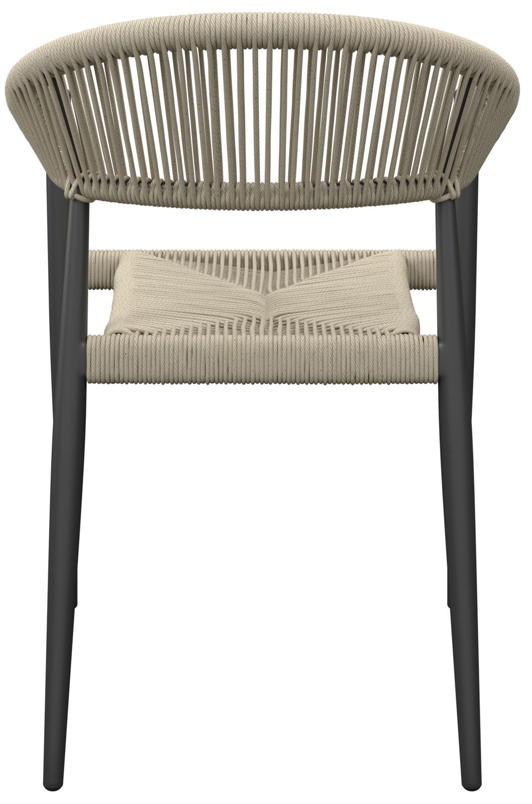 Rückansicht eines modernen Stapelsessels mit geflochtenem Seil-Design und schwarzem Gestell.