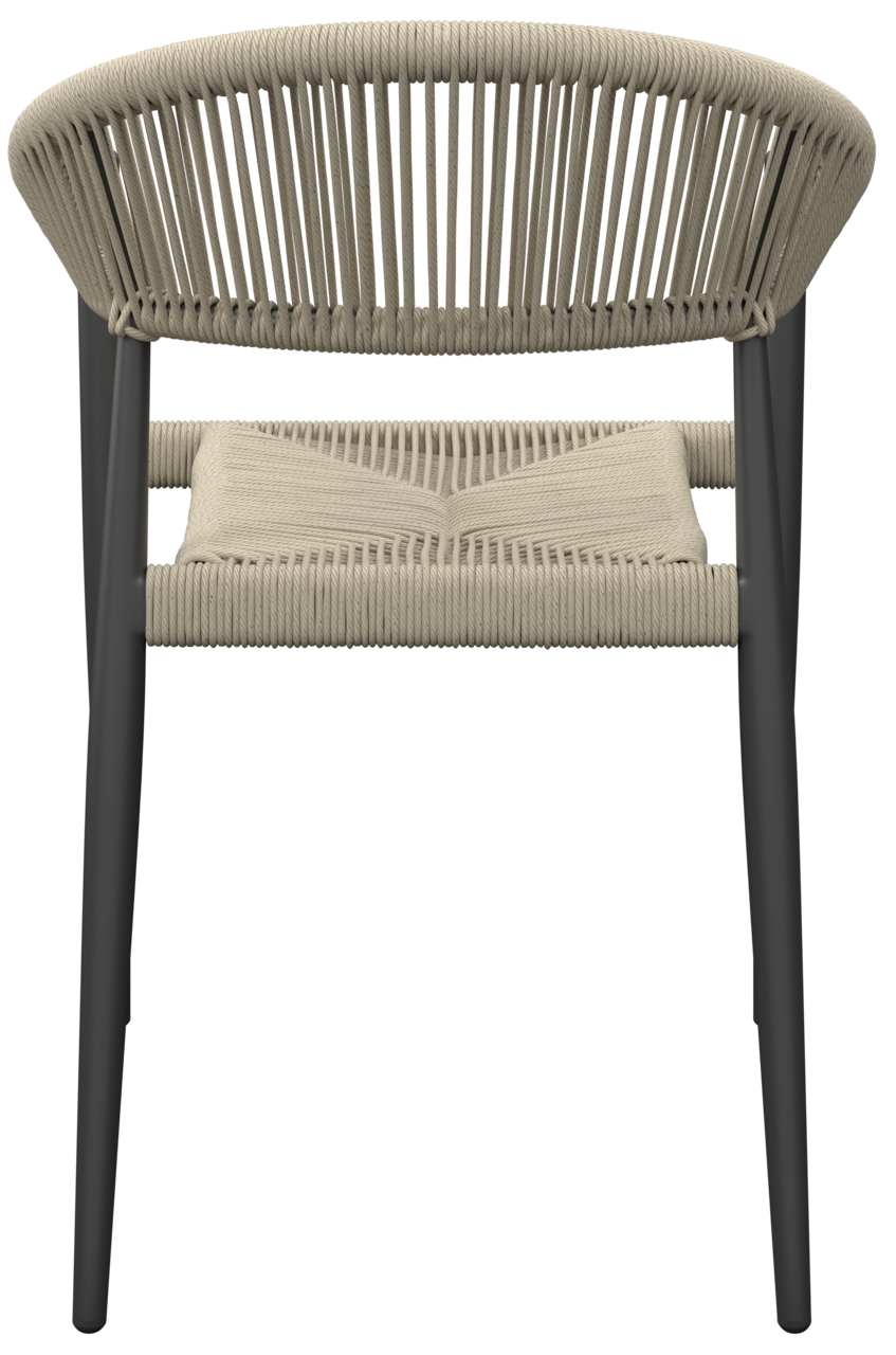 Rückansicht eines modernen Stapelsessels mit geflochtenem Seil-Design und schwarzem Gestell.