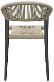 Rückansicht eines modernen Stapelsessels mit geflochtenem Seil-Design und schwarzem Gestell.