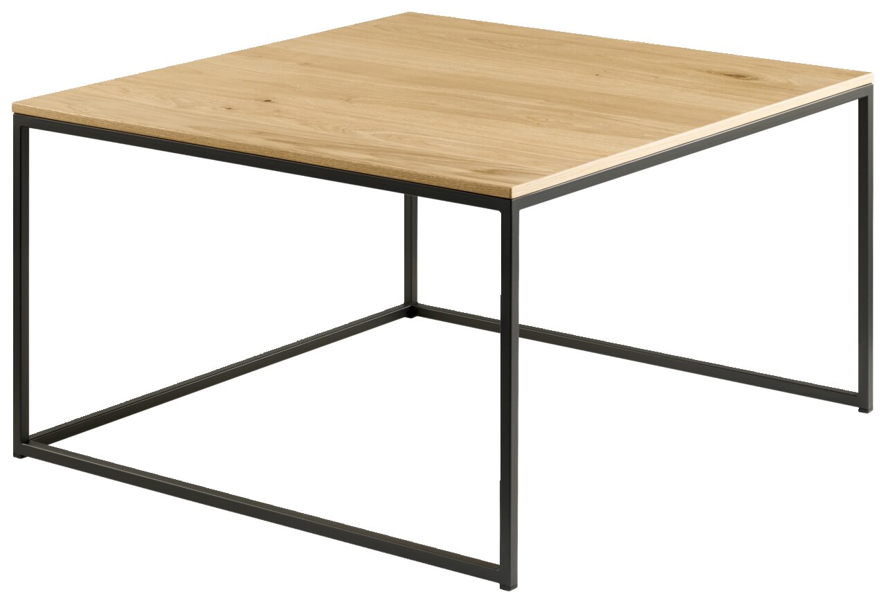 Moderner Couchtisch mit Holzplatte und Metallgestell, seitliche Perspektive