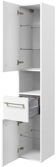Weißer Hochschrank mit zwei offenen Türen und einer Schublade, seitliche Perspektive