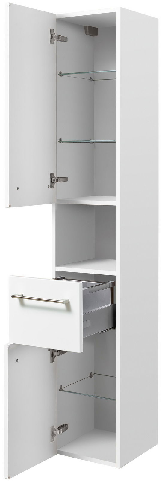 Weißer Hochschrank mit zwei offenen Türen und einer Schublade, seitliche Perspektive
