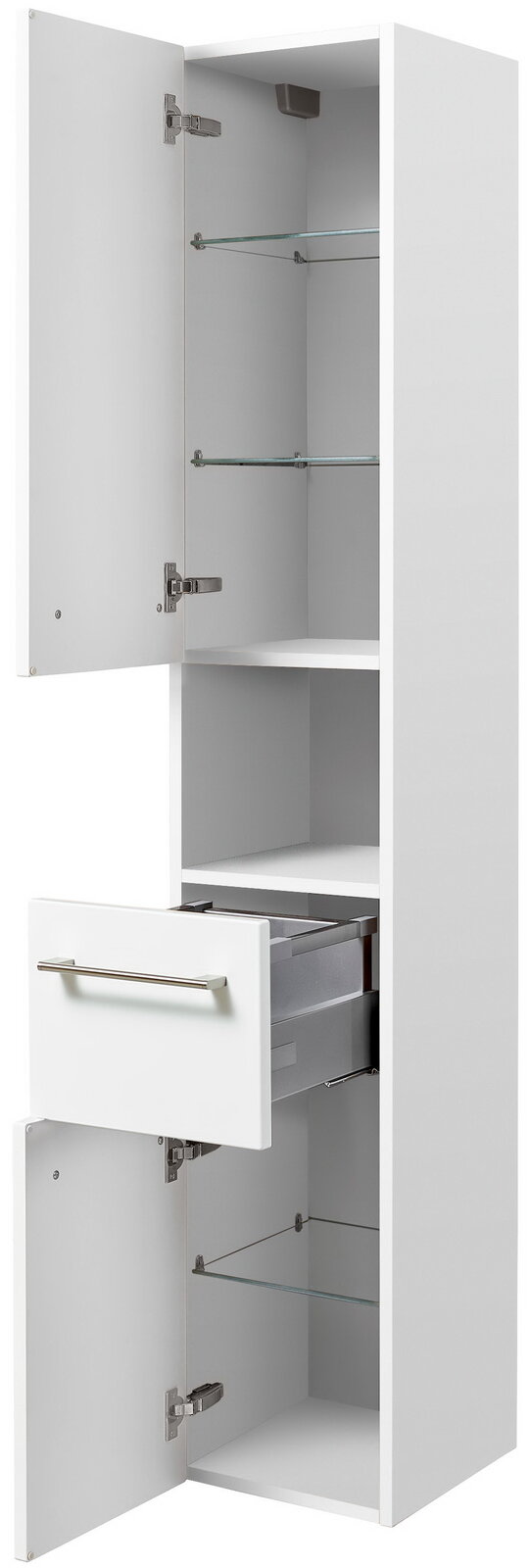 Weißer Hochschrank mit zwei offenen Türen und einer Schublade, seitliche Perspektive
