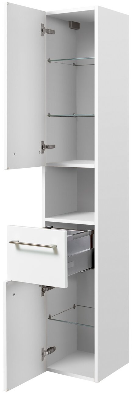 Sadena Hochschrank PLAKA Weißer Hochschrank mit zwei offenen Türen und einer Schublade, seitliche Perspektive