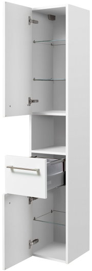 Weißer Hochschrank mit zwei offenen Türen und einer Schublade, seitliche Perspektive