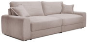 Großes, beiges Sofa mit geripptem Stoffbezug, zwei passenden Kissen, seitliche Perspektive