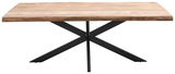 Moderner Esstisch mit einer massiven Holzplatte und einem stabilen, schwarzen Metallgestell in X-Form, frontal betrachtet.