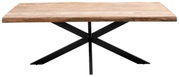 Moderner Esstisch mit einer massiven Holzplatte und einem stabilen, schwarzen Metallgestell in X-Form, frontal betrachtet.