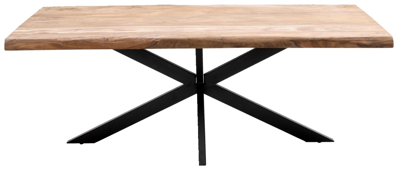 Moderner Esstisch mit einer massiven Holzplatte und einem stabilen, schwarzen Metallgestell in X-Form, frontal betrachtet.