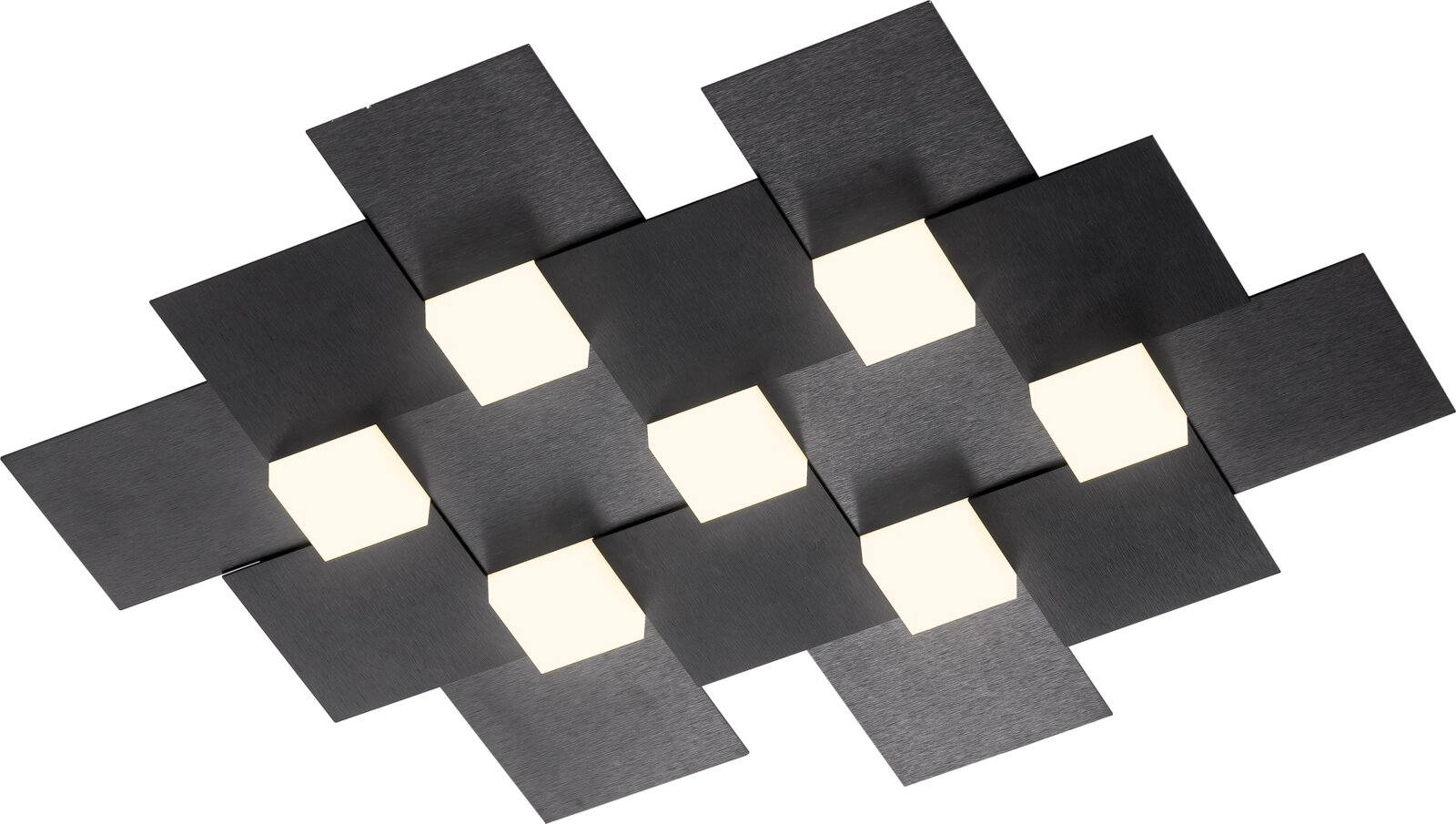 Grossmann LED-Deckenleuchte CREO Moderne schwarze LED-Deckenleuchte mit überlappenden quadratischen Metallplatten und sieben warmweißen Leuchtflächen, schräg von unten betrachtet