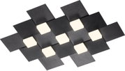 Moderne schwarze LED-Deckenleuchte mit überlappenden quadratischen Metallplatten und sieben warmweißen Leuchtflächen, schräg von unten betrachtet