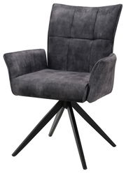 Grauer Armlehnstuhl mit gepolstertem Sitz und Rückenlehne, auf schwarzem Metallgestell, seitliche Perspektive