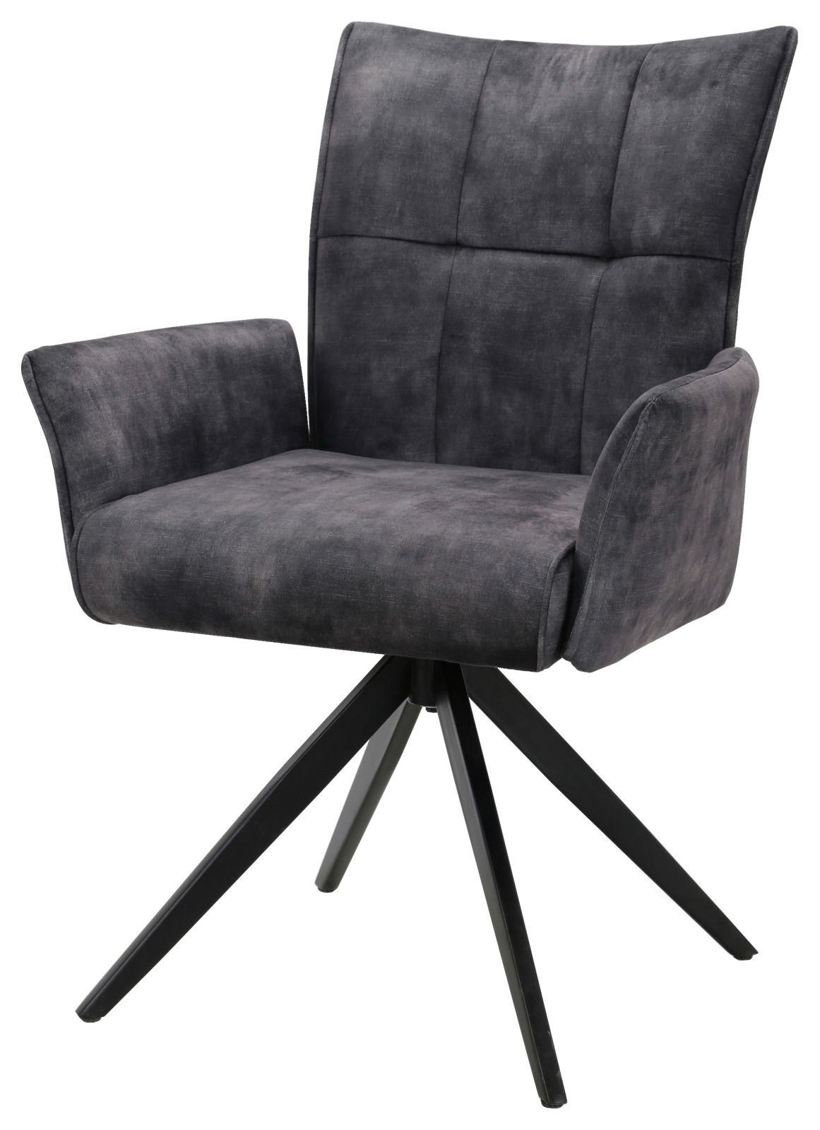 Grauer Armlehnstuhl mit gepolstertem Sitz und Rückenlehne, auf schwarzem Metallgestell, seitliche Perspektive