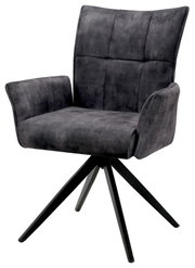 Grijze fauteuil met gestoffeerde zitting en rugleuning, op een zwart metalen onderstel, zijaanzicht