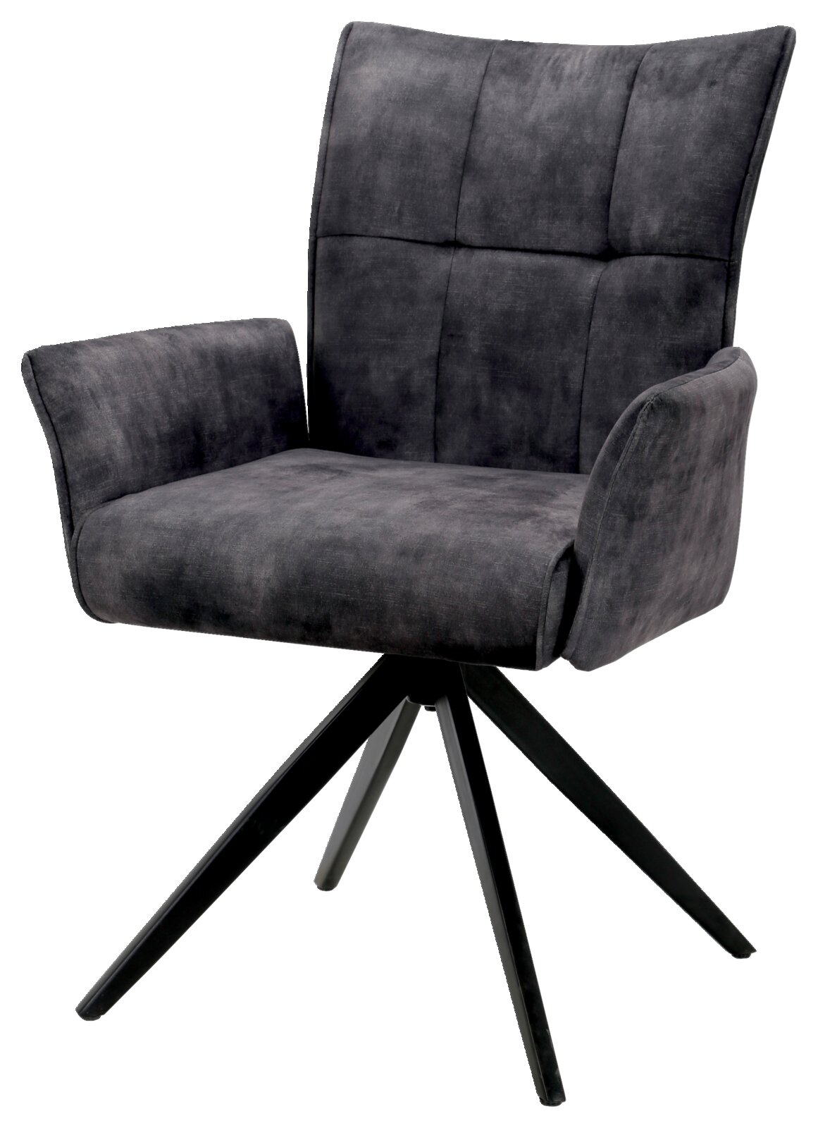 Grijze fauteuil met gestoffeerde zitting en rugleuning, op een zwart metalen onderstel, zijaanzicht