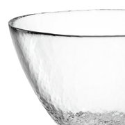 Nahaufnahme einer transparenten Glasschale mit strukturierter Oberfläche, seitliche Perspektive.