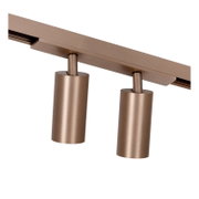 Zweiflammiger LED-Schienenstrahler in gebürstetem Bronze/Champagner-Metall mit zylindrischen Spotköpfen, schräg von unten in Nahaufnahme auf weißem Hintergrund