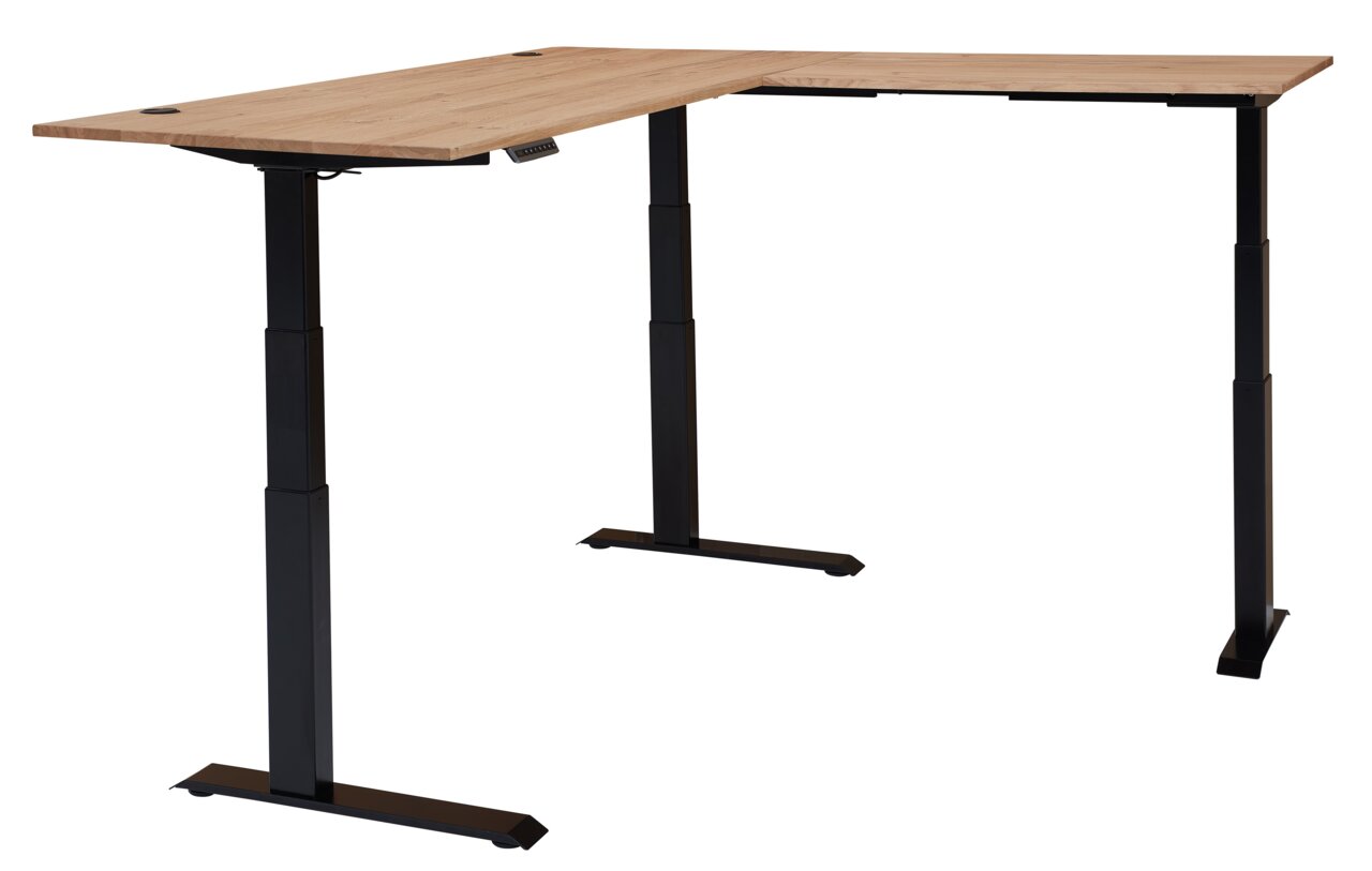 Moderner höhenverstellbarer Eckschreibtisch mit Holzfurnier und schwarzem Metallgestell, seitliche Perspektive