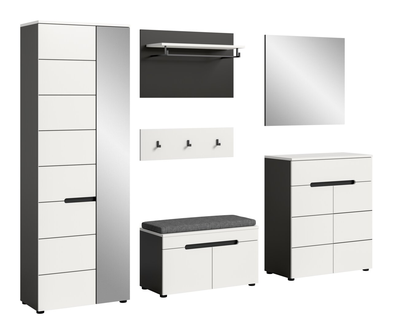 MID.YOU Garderobecombinatie CANU Modernes Flur-Garderoben-Set in Weiß/Anthrazit mit Hochschrank, Schuhbank mit Sitzkissen, Kommode, Spiegel, Wandpaneel mit Hutablage und Kleiderstange sowie Hakenleiste, gezeigt in Frontansicht mit leichter Perspektive (3/4-Ansicht) auf einzelne Elemente