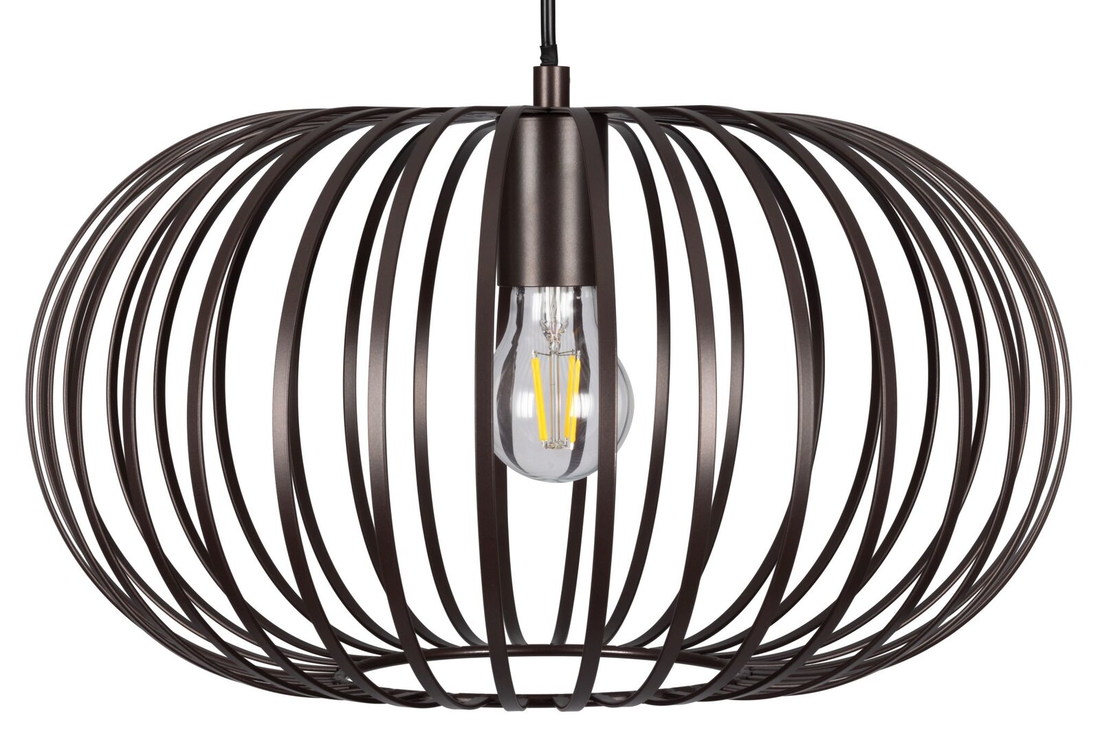 Moderne Hängeleuchte mit schwarzem, kugelförmigem Metallkäfig und sichtbarer Glühbirne, seitliche Perspektive