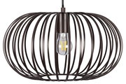 Moderne Hängeleuchte mit schwarzem, kugelförmigem Metallkäfig und sichtbarer Glühbirne, seitliche Perspektive