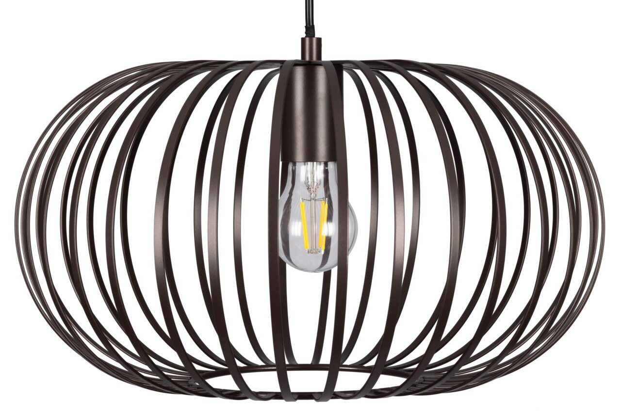 Moderne Hängeleuchte mit schwarzem, kugelförmigem Metallkäfig und sichtbarer Glühbirne, seitliche Perspektive