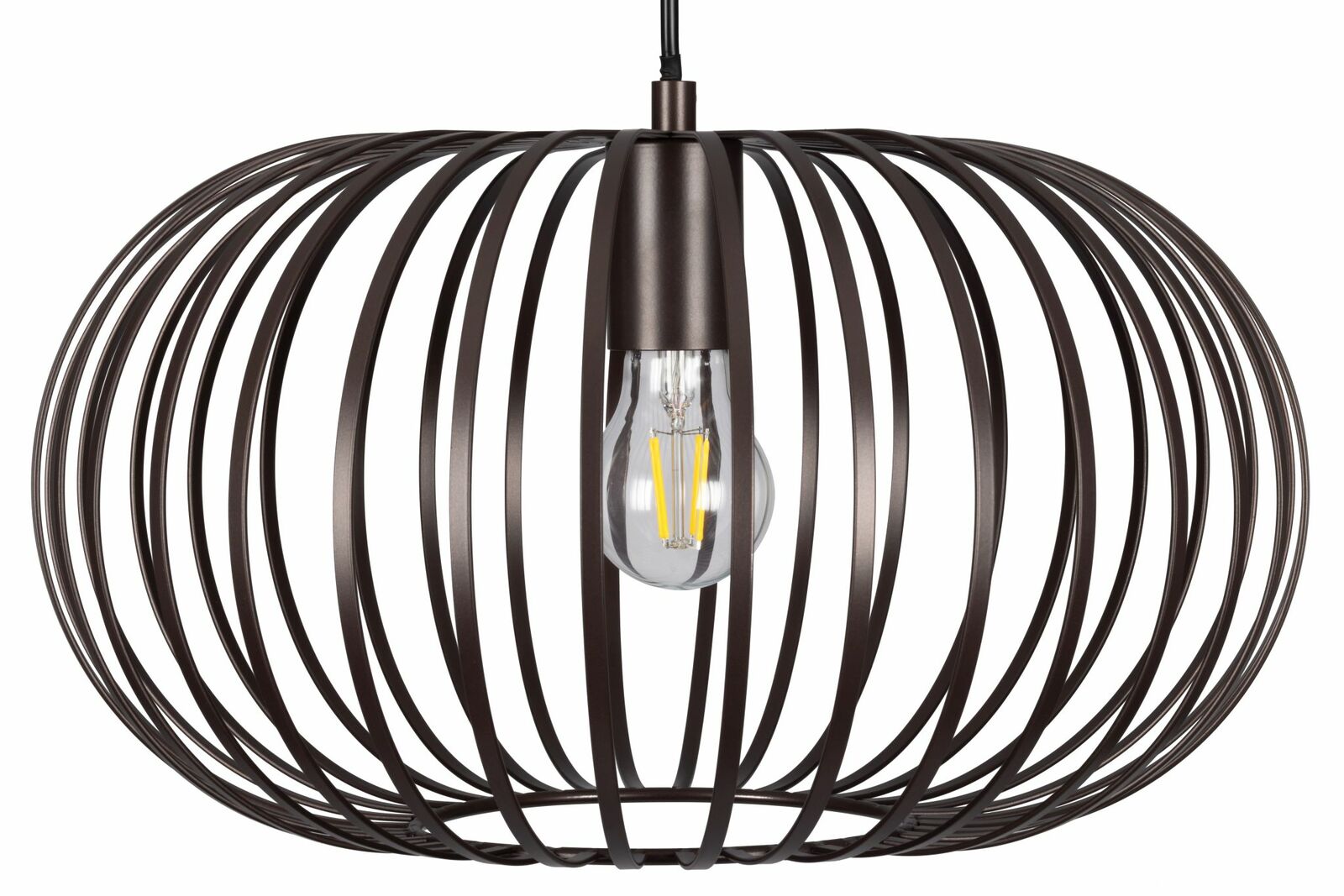 Moderne Hängeleuchte mit schwarzem, kugelförmigem Metallkäfig und sichtbarer Glühbirne, seitliche Perspektive