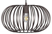 Moderne hanglamp met een zwarte, bolvormige metalen kooi en een zichtbare gloeilamp, zijaanzicht