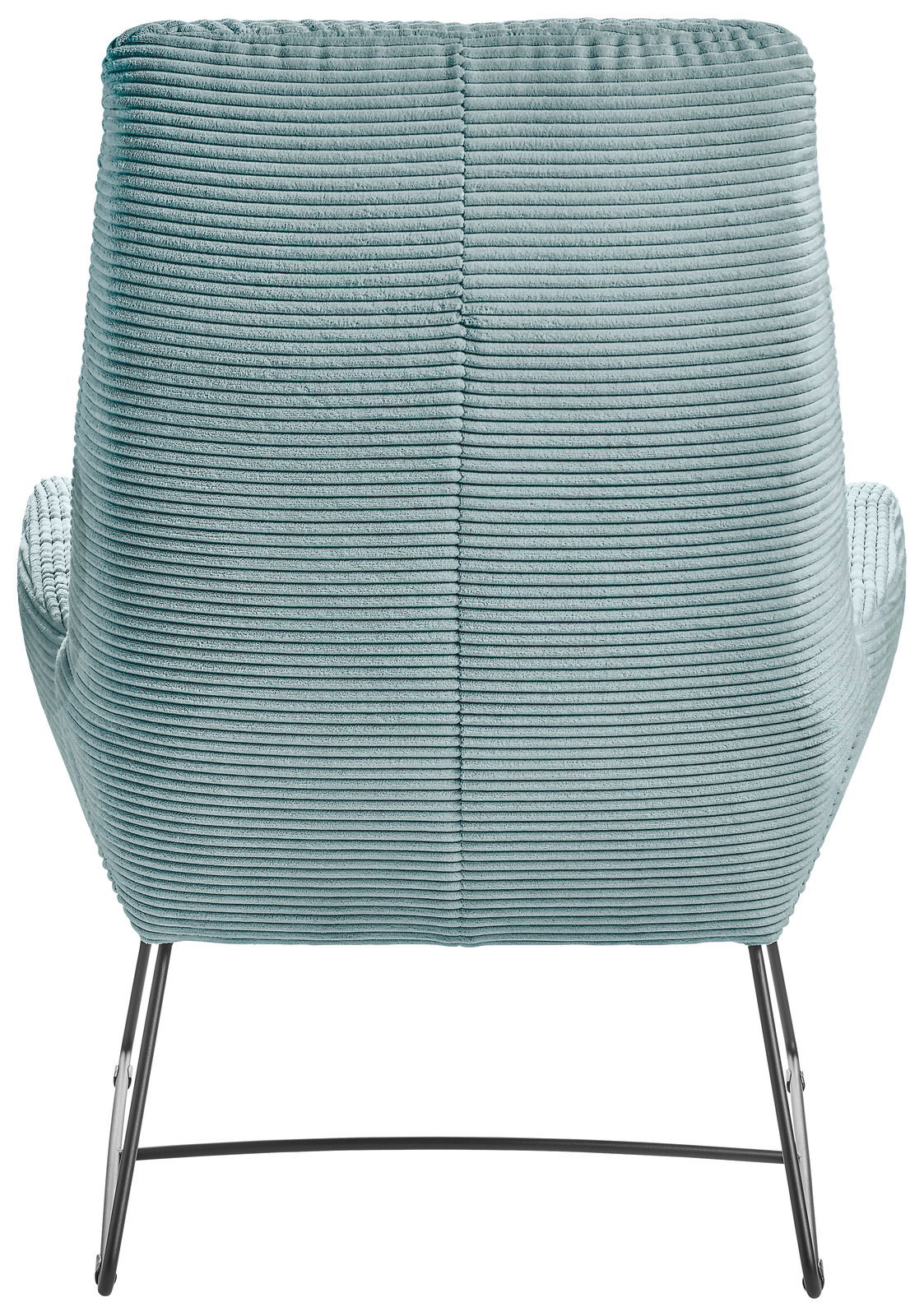 Rückansicht eines Sessels mit geripptem, hellblauem Stoffbezug und schlanken Metallbeinen.