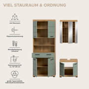 Frontansicht eines hohen Badschranks in Holzoptik mit salbeigrünen Türen und Schublade, geöffnet mit mehreren Regalböden; daneben Detailansichten eines Spiegelschranks und eines Waschtischunterschranks, Hinweisgrafiken zu viel Stauraum, Kippschutz, Wandbe