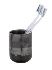 Keramik Zahnputzbecher Riolo in dunklem Design mit zwei transparenten Zahnbürsten, seitliche Perspektive