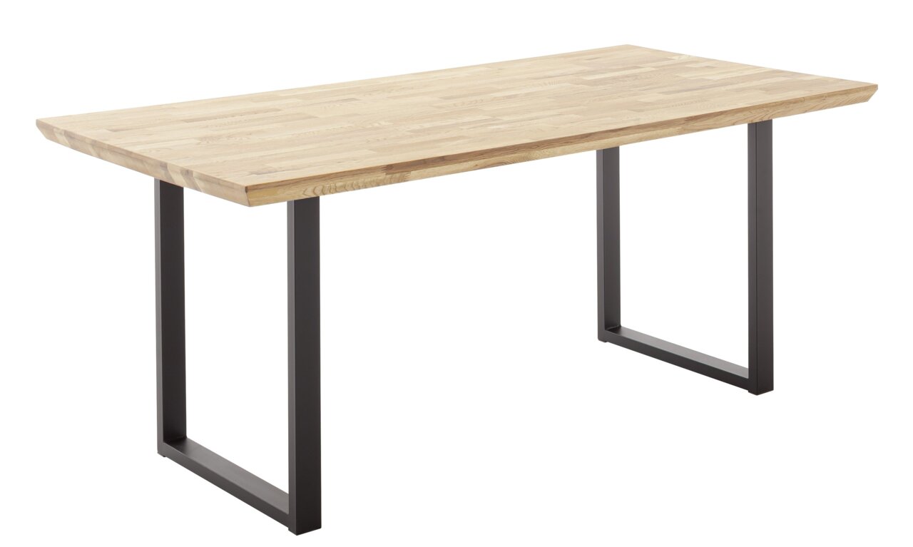 Moderner Esstisch aus Holz mit schwarzem Metallgestell, seitliche Perspektive