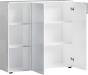 Weißer, niedriger Aktenschrank mit Regal, teilweise geöffnete Türen, seitliche Perspektive