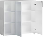 Weißer, niedriger Aktenschrank mit Regal, teilweise geöffnete Türen, seitliche Perspektive