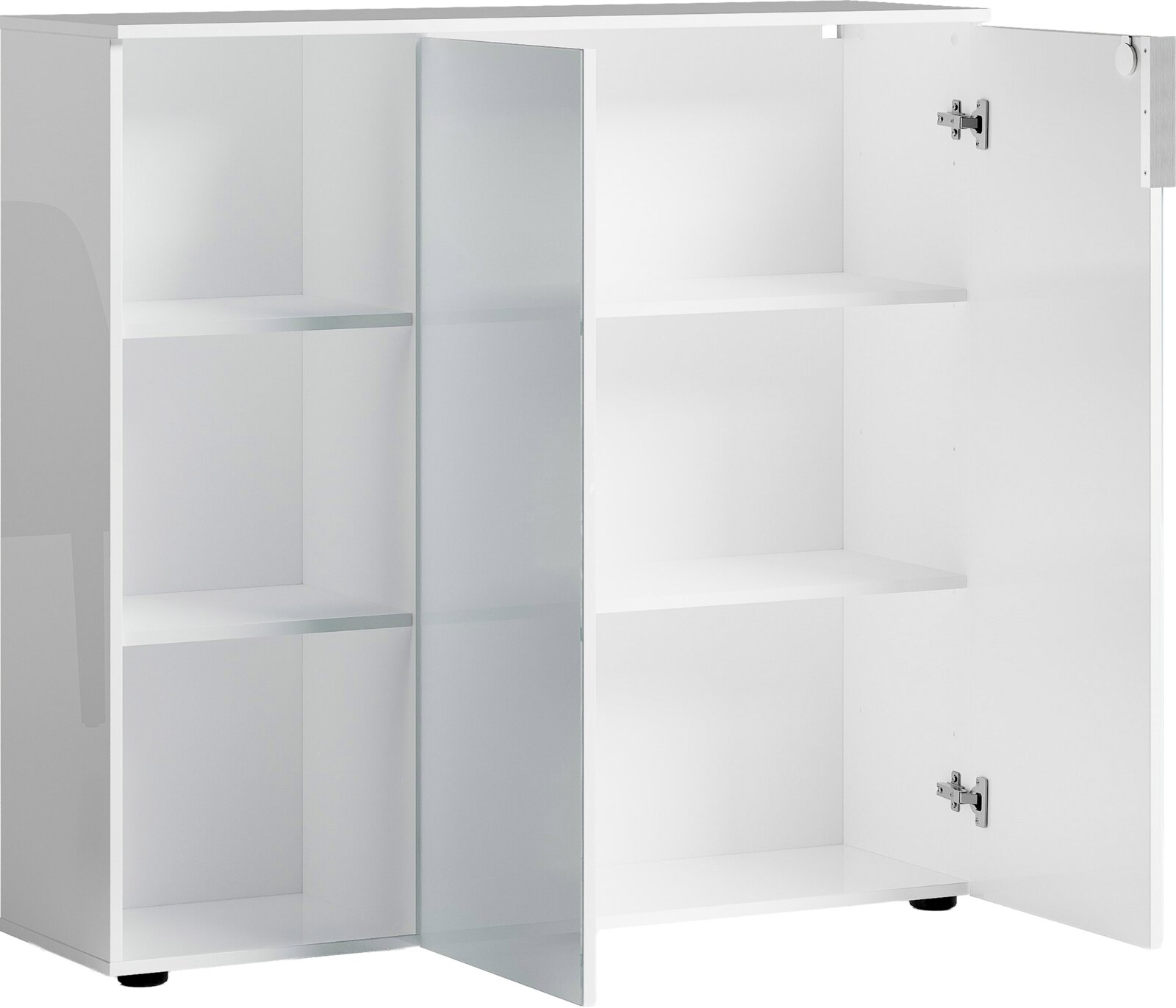 Weißer, niedriger Aktenschrank mit Regal, teilweise geöffnete Türen, seitliche Perspektive