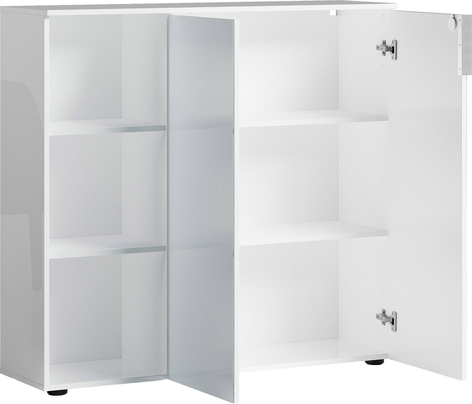 Weißer, niedriger Aktenschrank mit Regal, teilweise geöffnete Türen, seitliche Perspektive