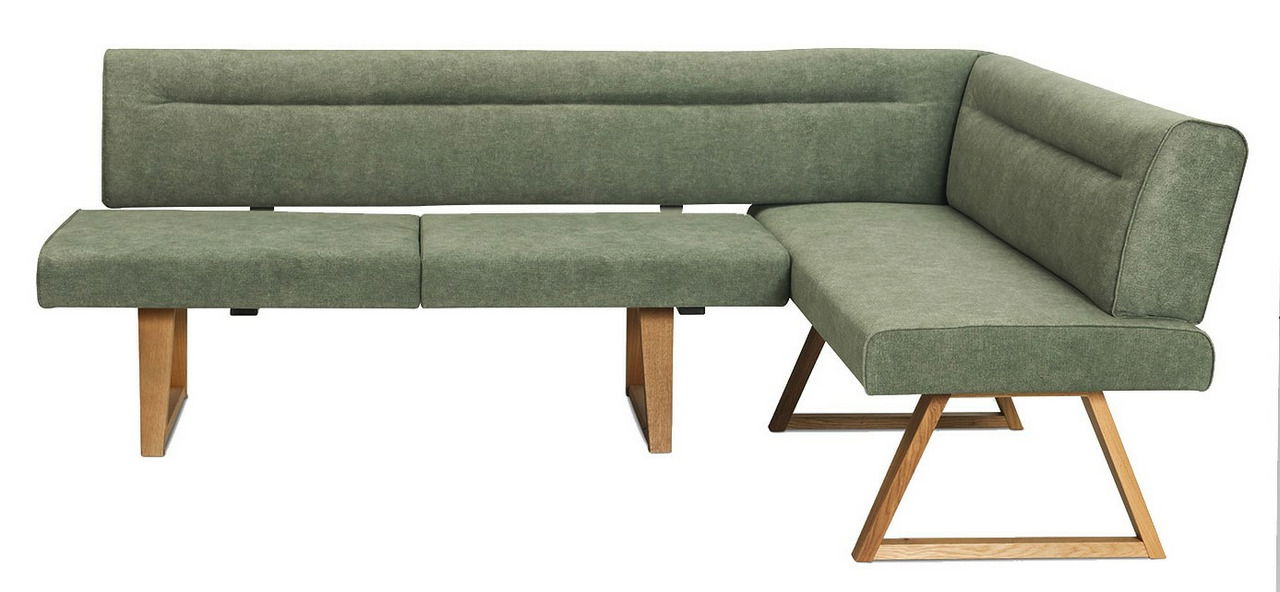 Grüne Eckbank mit Holzbeinen, seitliche Perspektive