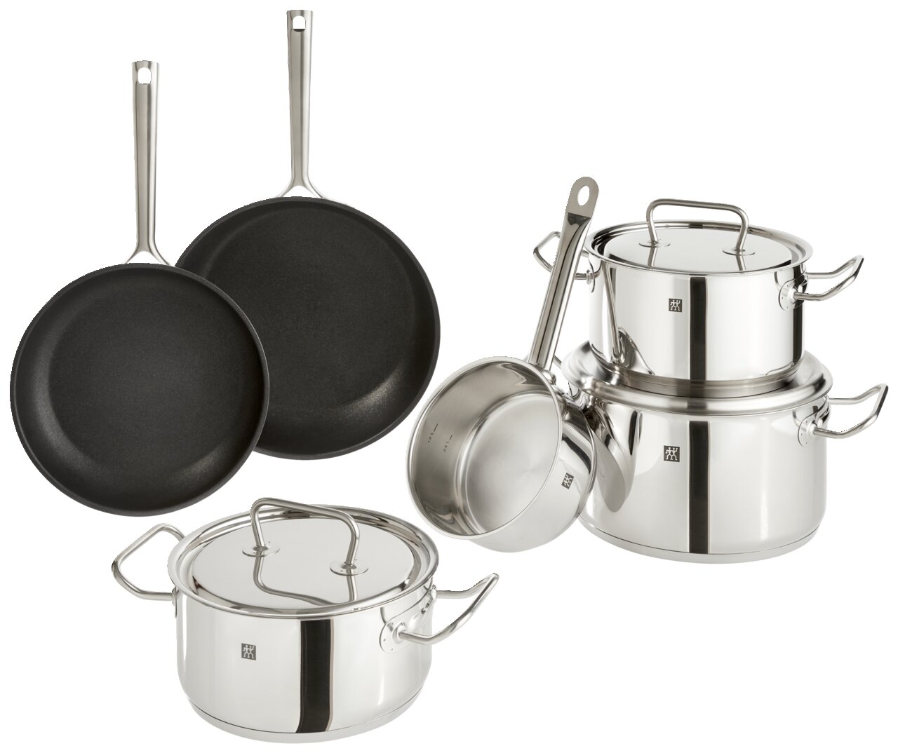 Topfset Twin Classic 6-teilig aus Edelstahl, bestehend aus zwei Pfannen, drei Töpfen mit Deckeln und einer Stielkasserolle, in einer seitlichen Perspektive.