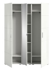 Weiße Garderobenkombination mit mehreren offenen Türen, Regalen und Kleiderstangen, frontal betrachtet.